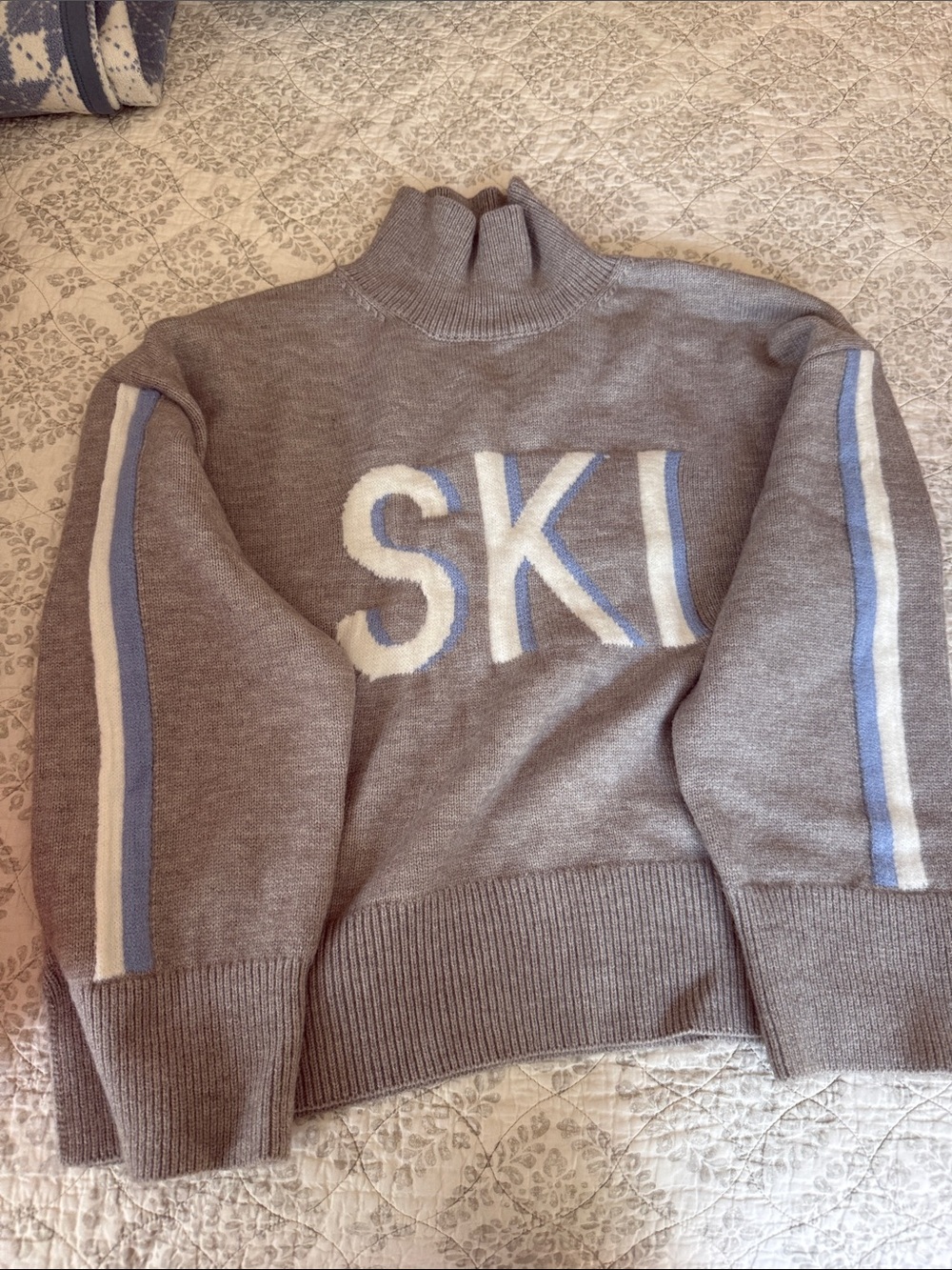 Women’s Grey 'SKI' Mock Neck Sweater with Blue & White Stripes